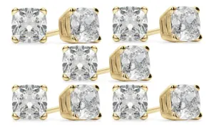 18k Yellow Gold 6mm 1/2Ct Cushion Cut White Sapphire Set Of Five Stud Earrings Plated