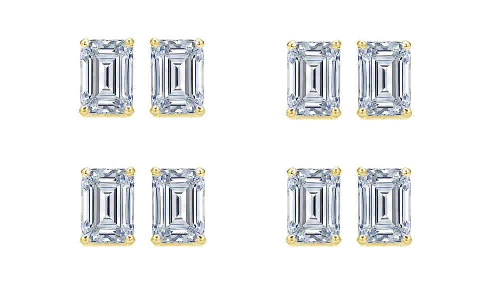 18k Yellow Gold 6mm 4Ct Emerald Cut White Sapphire Set Of Four Stud Earrings Plated