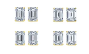 18k Yellow Gold 6mm 4Ct Emerald Cut White Sapphire Set Of Four Stud Earrings Plated