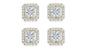 18k Yellow Gold Plated 1/2Ct Princess Cut White Sapphire Set of Two Halo Stud Earrings