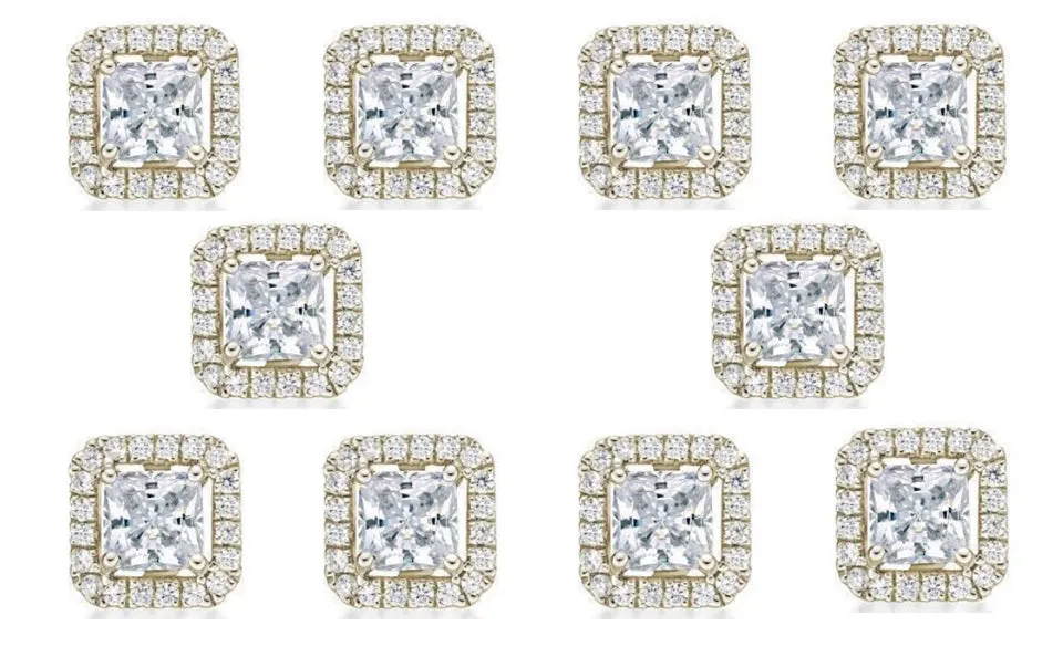 18k Yellow Gold Plated 1Ct Princess Cut White Sapphire Set of Five Halo Stud Earrings