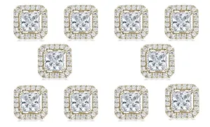 18k Yellow Gold Plated 1Ct Princess Cut White Sapphire Set of Five Halo Stud Earrings