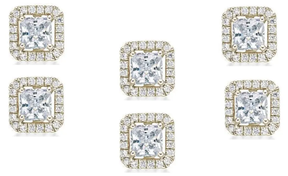 18k Yellow Gold Plated 1Ct Princess Cut White Sapphire Set of Three Halo Stud Earrings