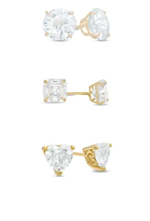 18k Yellow Gold Plated 3Cttw 8mm Created White Sapphire 3 Pair Round, Square and Heart Stud Earrings