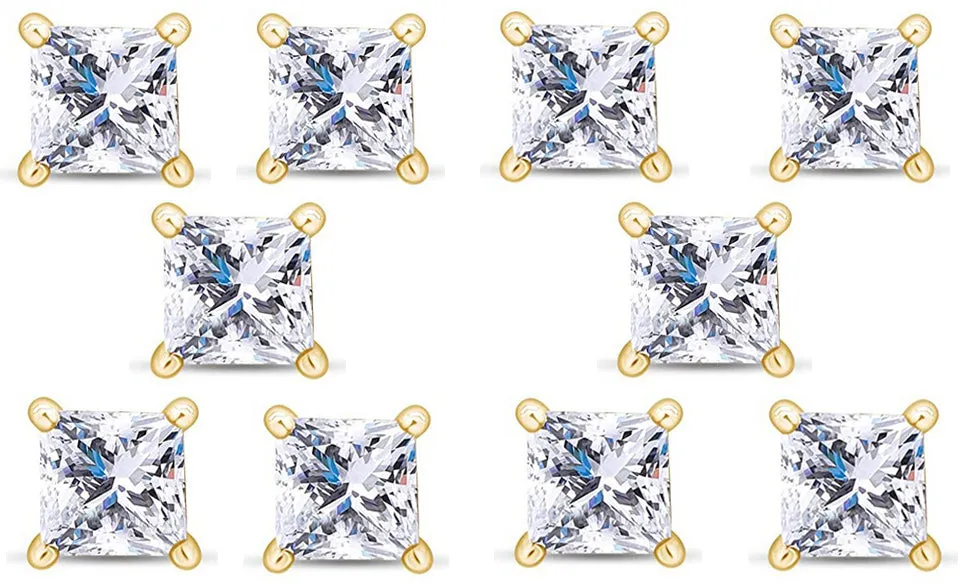 18k Yellow Gold Plated 4Ct Princess Cut White Sapphire Set Of Five Stud Earrings