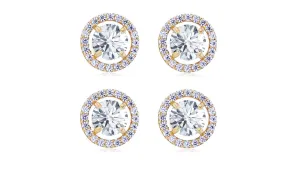 18k Yellow Gold Plated 4mm 1Ct Round White Sapphire Set of Two Halo Stud Earrings