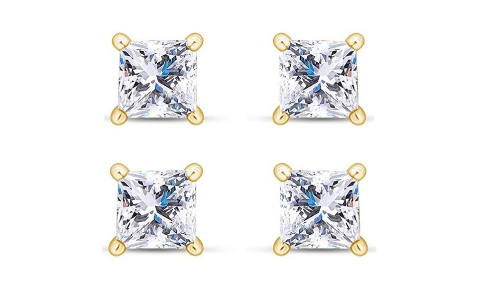 18k Yellow Gold Plated 4mm 4Ct Princess Cut White Sapphire Set Of Two Stud Earrings