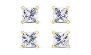 18k Yellow Gold Plated 4mm 4Ct Princess Cut White Sapphire Set Of Two Stud Earrings