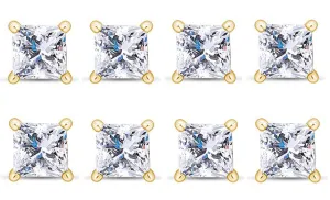 18k Yellow Gold Plated 6mm 3Ct Princess Cut White Sapphire Set Of Four Stud Earrings