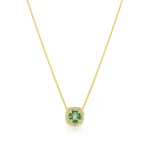 18kt Yellow Gold Green Garnet Diamond Cushion Pendant Necklace