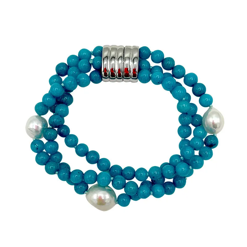 215-LAKE | 3-STRAND LAKE BLUE AMAZONITE & PEARL BRACELET