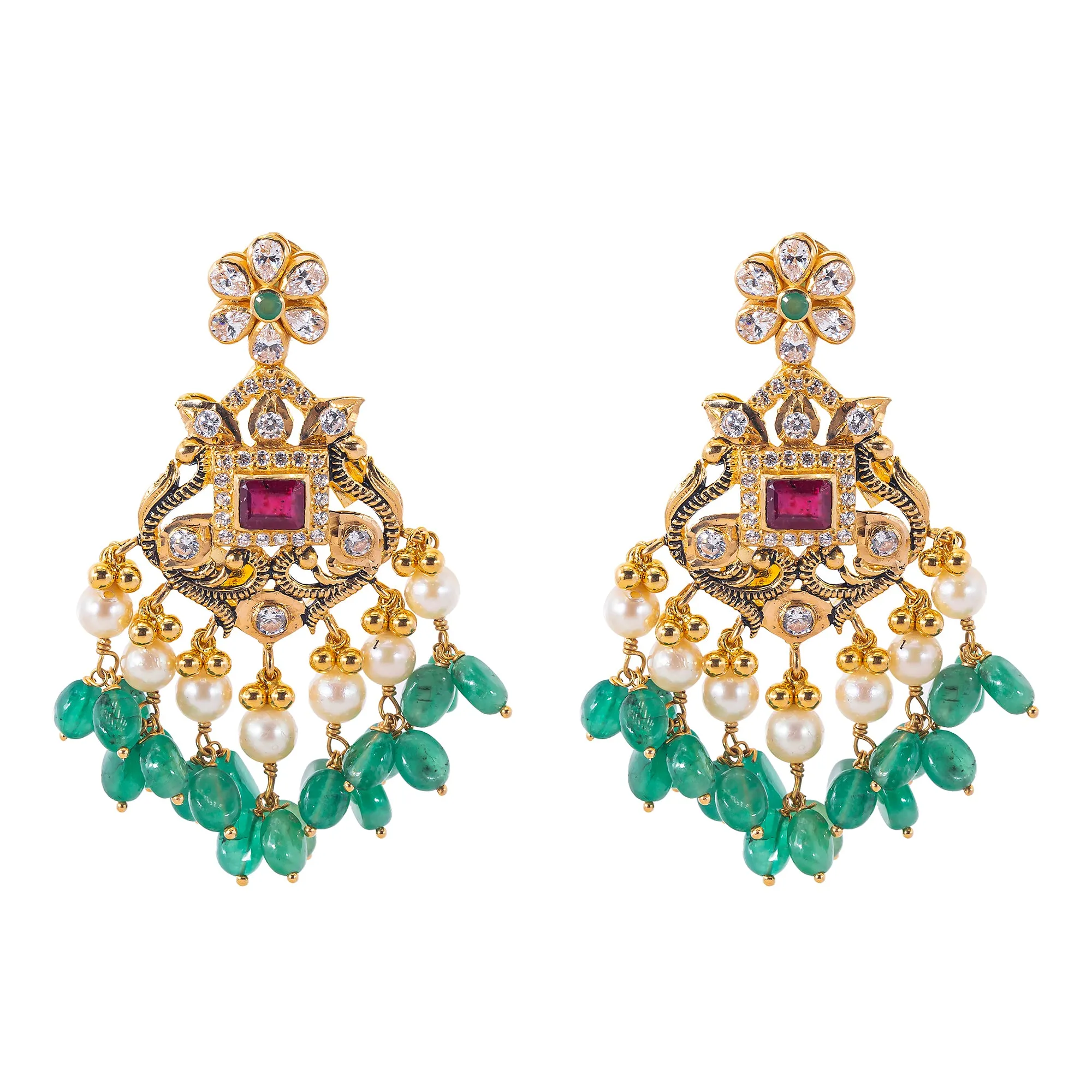 22K Antique Gold, CZ, Ruby, Pearl & Emerald Peacock Jewelry Set (158.5gm)