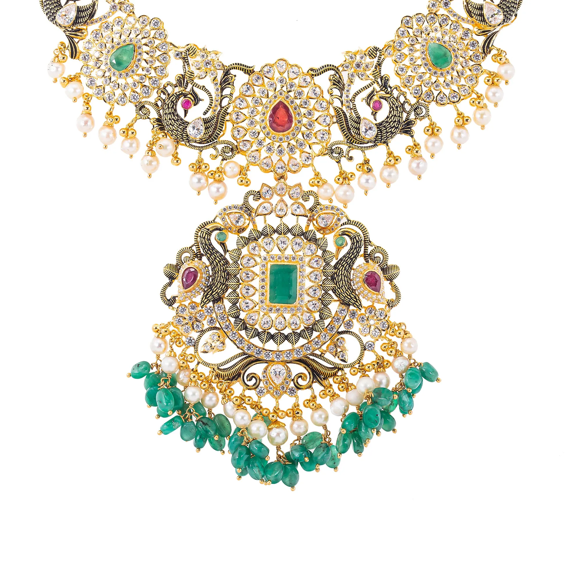 22K Antique Gold, CZ, Ruby, Pearl & Emerald Peacock Jewelry Set (158.5gm)