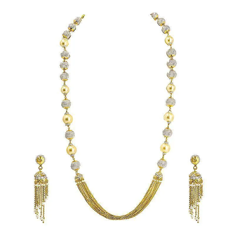 22K Gold Necklace with Pearl and White Gold Bead Accents with Jhumkas