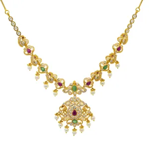 22K Yellow Gold 20 Inch Necklace w/ Emerald, Ruby, CZ, & Pearl (41.6gm)