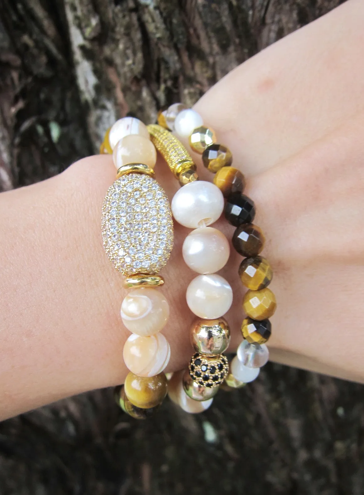 3 piece set - Mother of Pearl, Cat's Eye, Tiger Eye Energy Mala Bracelets