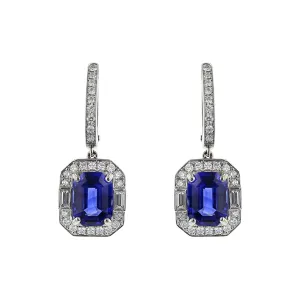 3.40ct Emerald Cut Sapphires and 0.40ct Diamond and 0.17ct Baguette Diamonds Halo Drop Earrings in Platinum