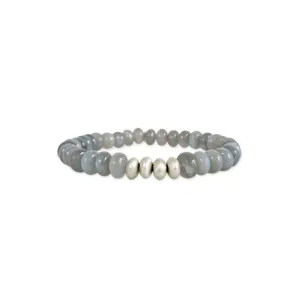 4 SATIN SILVER BEADS   GREY MOONSTONE BEADED STRETCH BRACELET