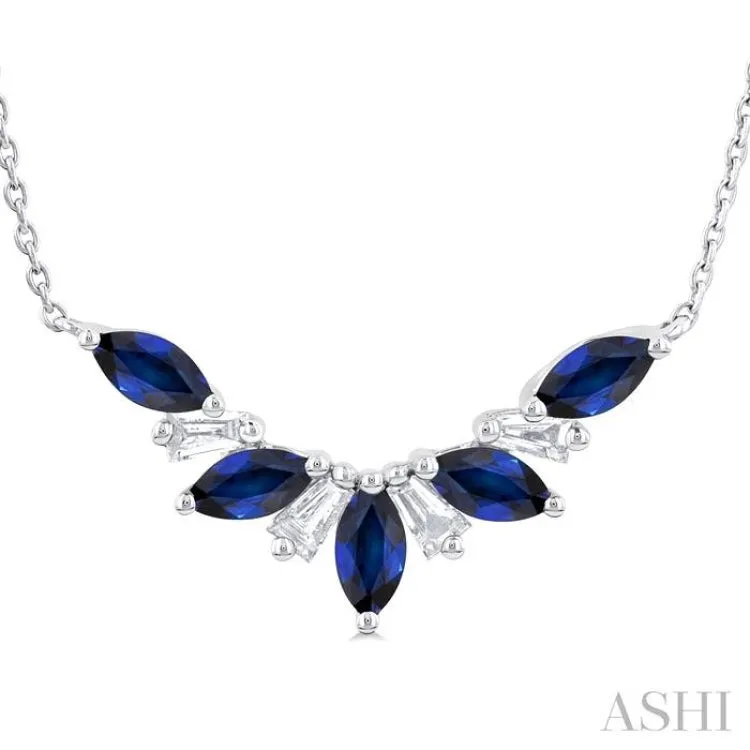 5X2.5MM Marquise Cut Sapphire and 1/6 ctw Baguette Cut Diamond Precious Gemstone Necklace in 14K White Gold