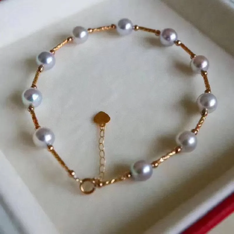 6-7mm Seawater Silver Blue Pearls Tincup Bracelet 18K Gold