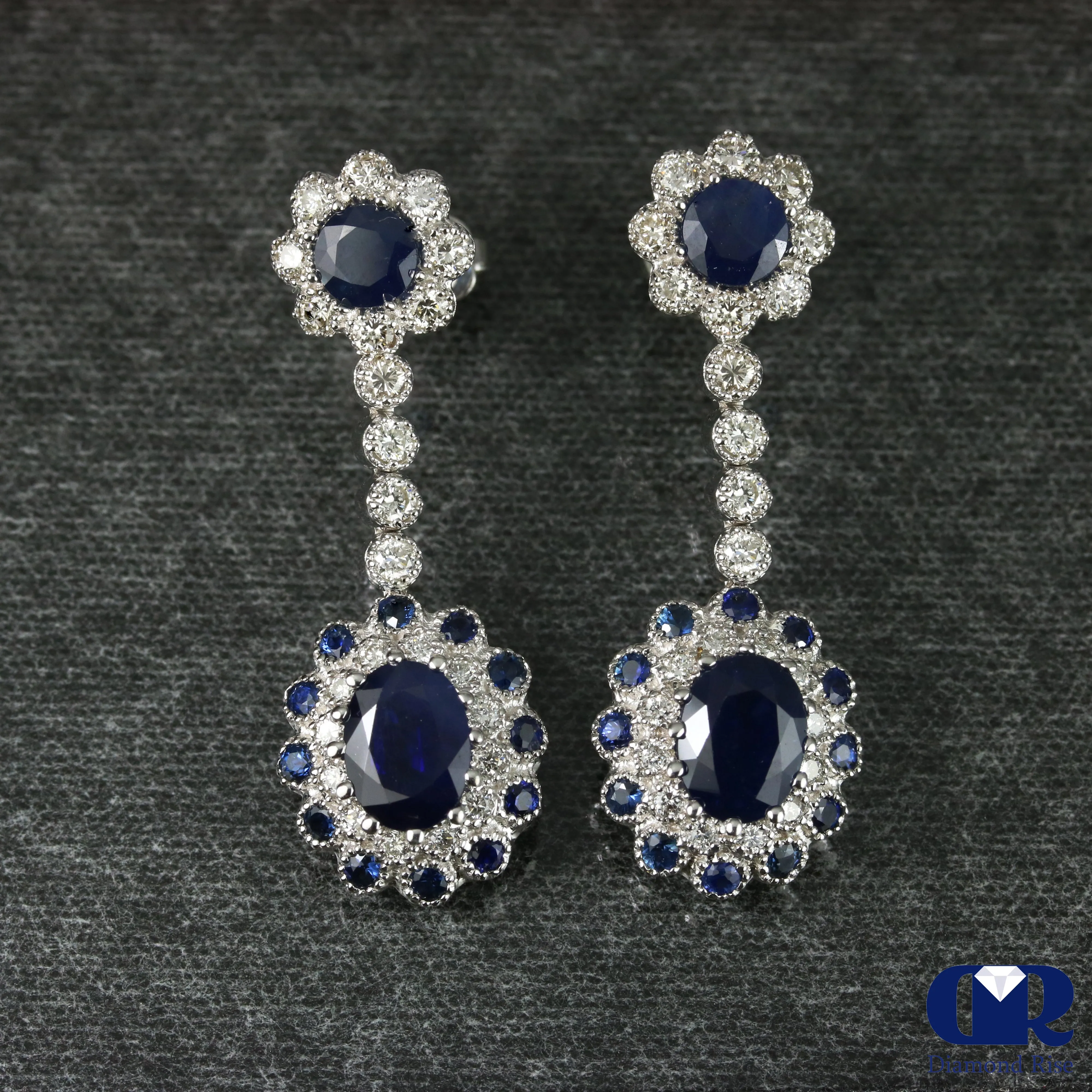 6.90 Ct Sapphire & Diamond Dangle Drop Earrings In 14K White Gold With Post