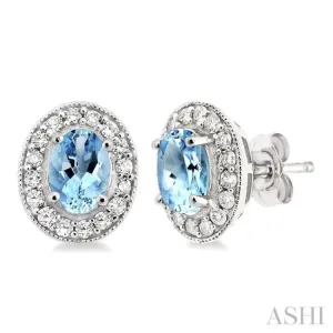 7x5 MM Oval Cut Aquamarine and 3/8 Ctw Round Cut Diamond Earrings in 14K White Gold