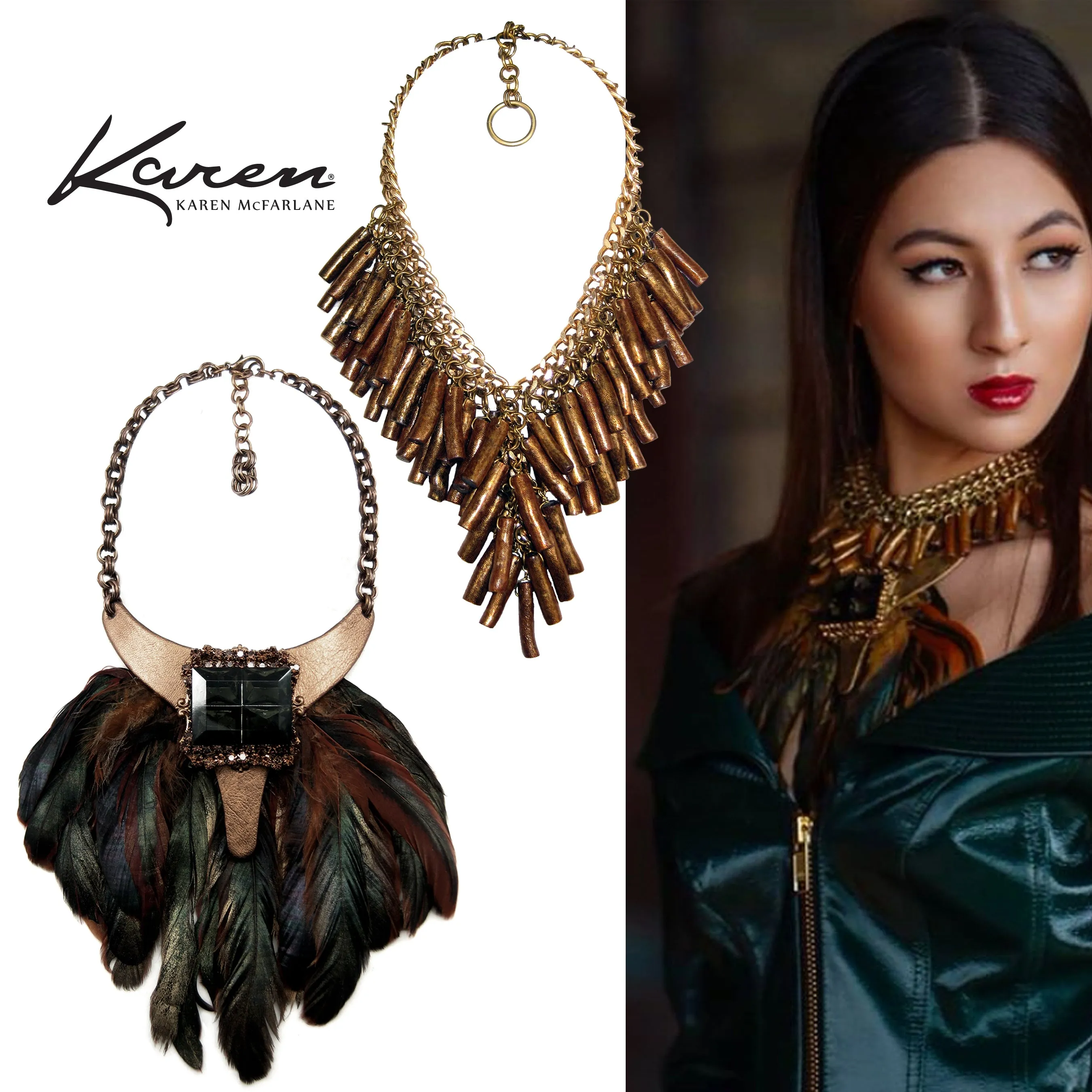 #982n Gold, Tan & Emerald Tone Bib Necklace With Feather Fringe