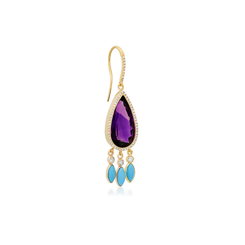 Amethyst with Diamond and Turquoise Fringe Earrings