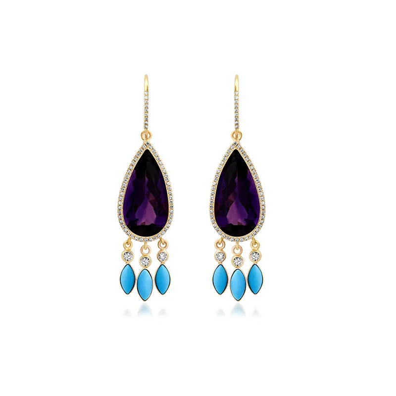 Amethyst with Diamond and Turquoise Fringe Earrings