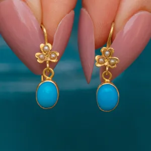 Antique 18ct Gold Turquoise Pearl Drop Earrings