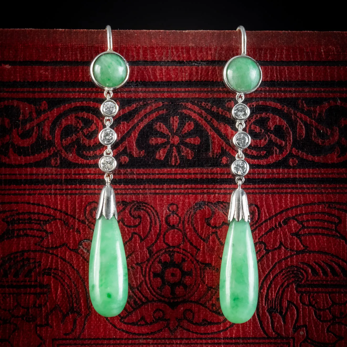 Antique Edwardian Jade Diamond Drop Earrings Platinum Circa 1915