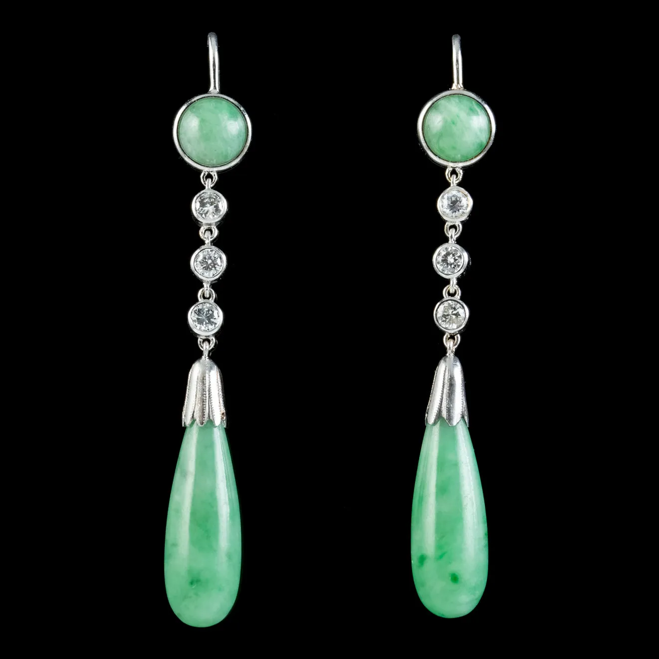 Antique Edwardian Jade Diamond Drop Earrings Platinum Circa 1915