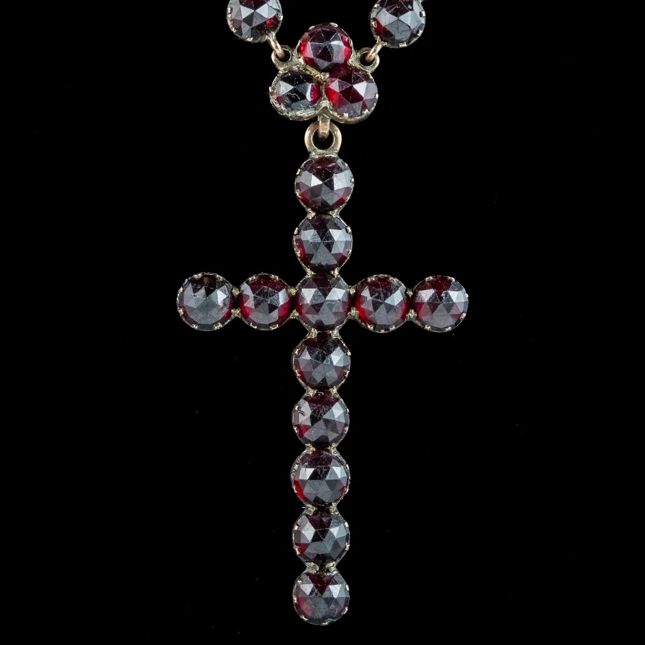 Antique Victorian Bohemian Garnet Cross Necklace 18ct Gold With Box