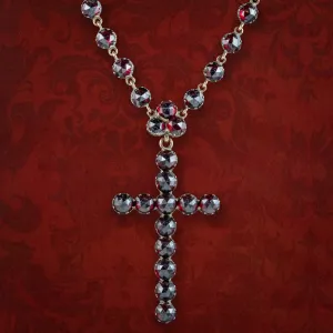 Antique Victorian Bohemian Garnet Cross Necklace 18ct Gold With Box