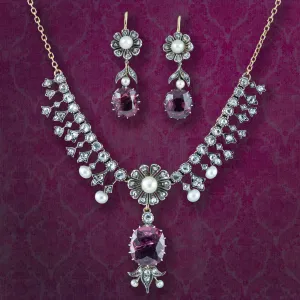 Antique Victorian Garnet Diamond Pearl Necklace And Earrings Suite With Box