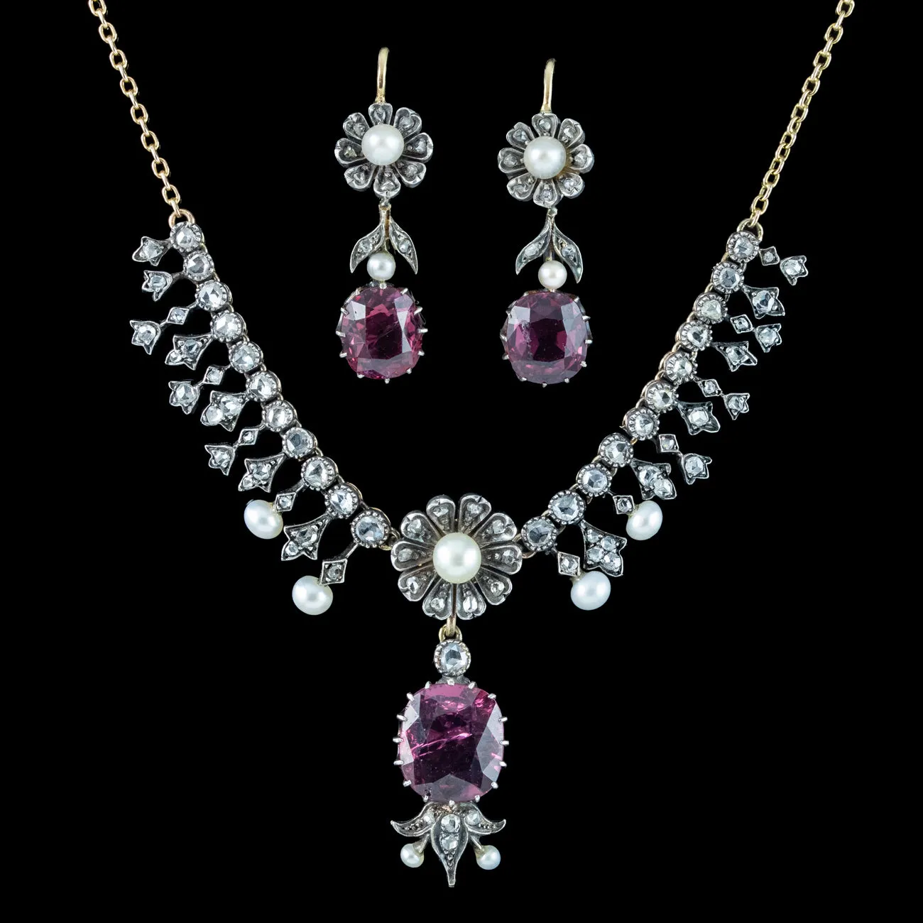 Antique Victorian Garnet Diamond Pearl Necklace And Earrings Suite With Box