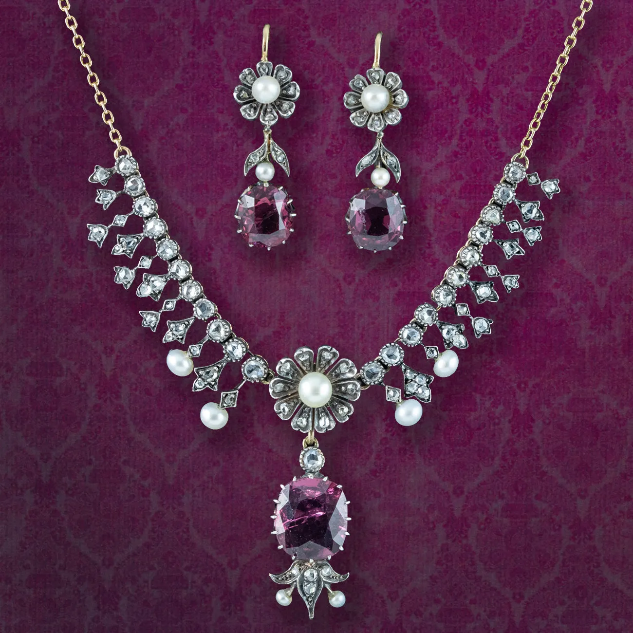 Antique Victorian Garnet Diamond Pearl Necklace And Earrings Suite With Box