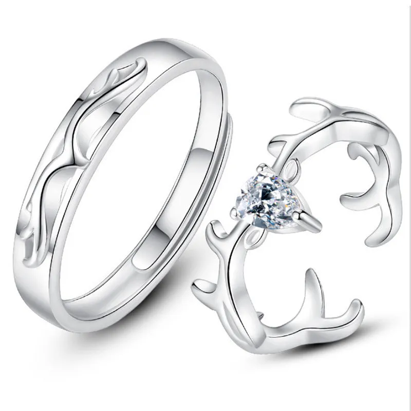 Antler with Zircon Silver Couple Ring for Women