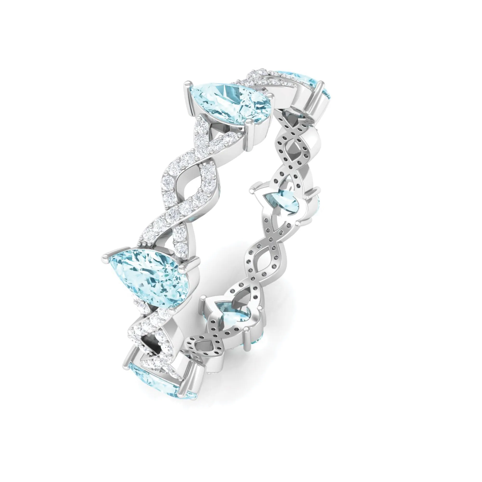 Aquamarine and Diamond Full Eternity Ring with Crossover Shank