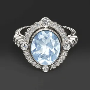 AQUAMARINE DIAMOND HALO COCKTAIL RING VINTAGE STYLE 14k WHITE GOLD BLUE OVAL CUT