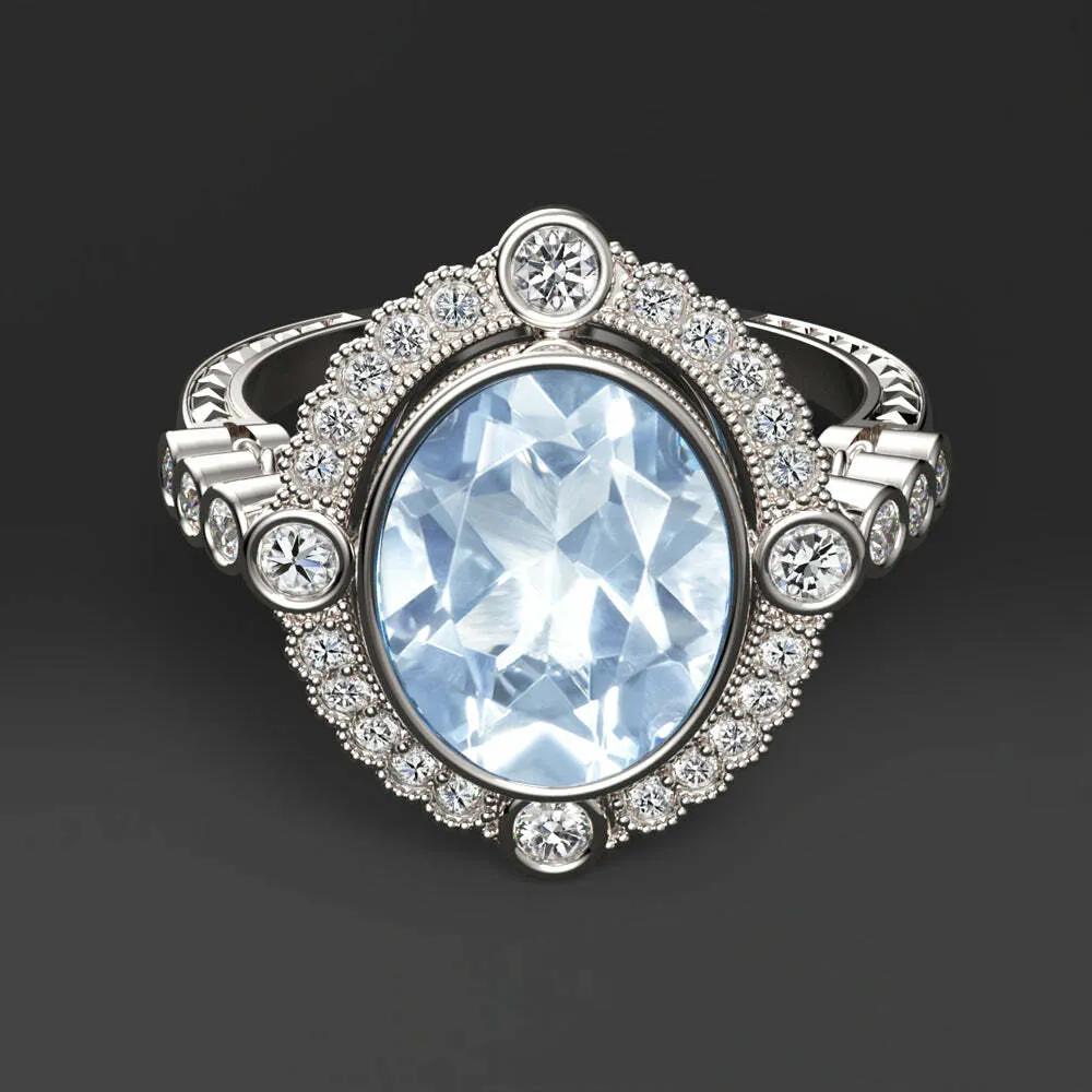 AQUAMARINE DIAMOND HALO COCKTAIL RING VINTAGE STYLE 14k WHITE GOLD BLUE OVAL CUT