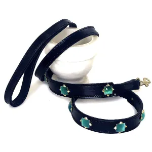 Aquamarine Gemstones & Black Leather Collar & Leash, 14"-17"