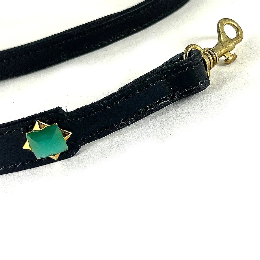 Aquamarine Gemstones & Black Leather Collar & Leash, 14"-17"