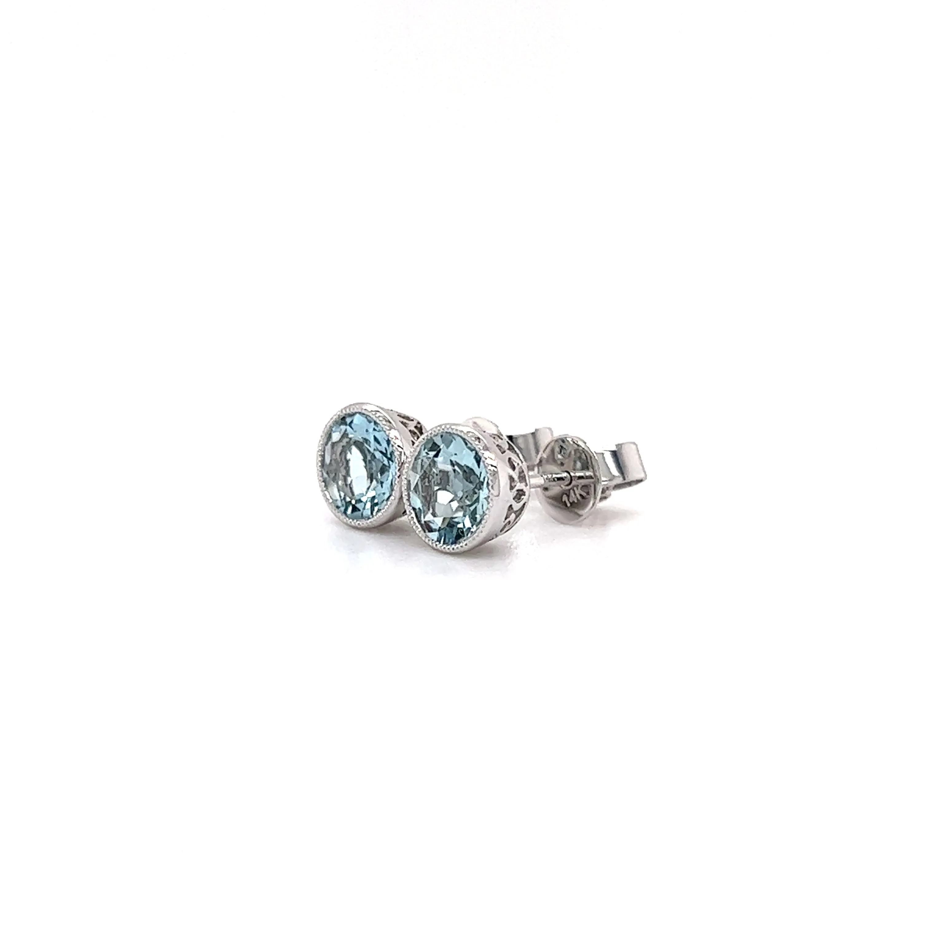 Aquamarine Stud Earrings with Filigree and Milgrain Details in 14K White Gold