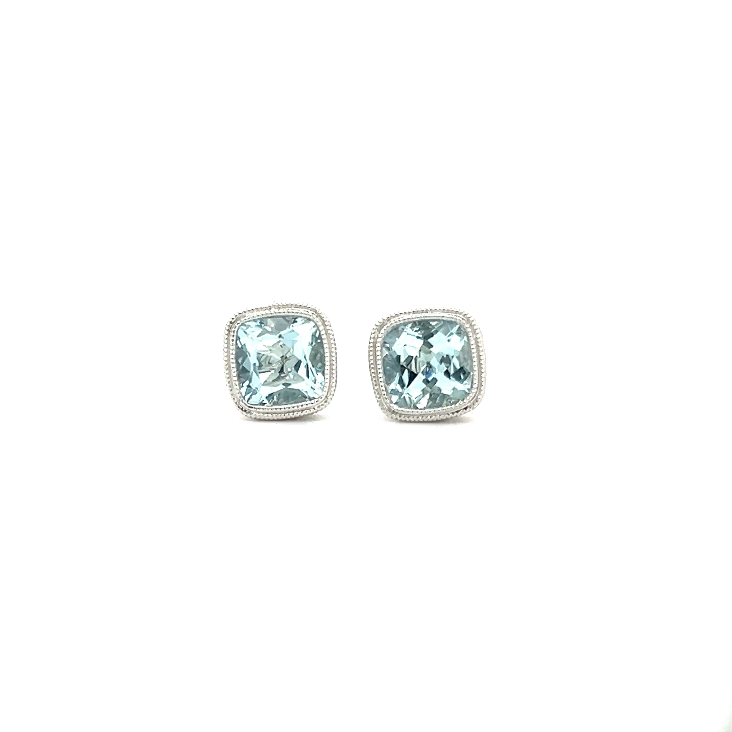 Aquamarine Stud Earrings with Milgrain and Filigree Details in 14K White Gold