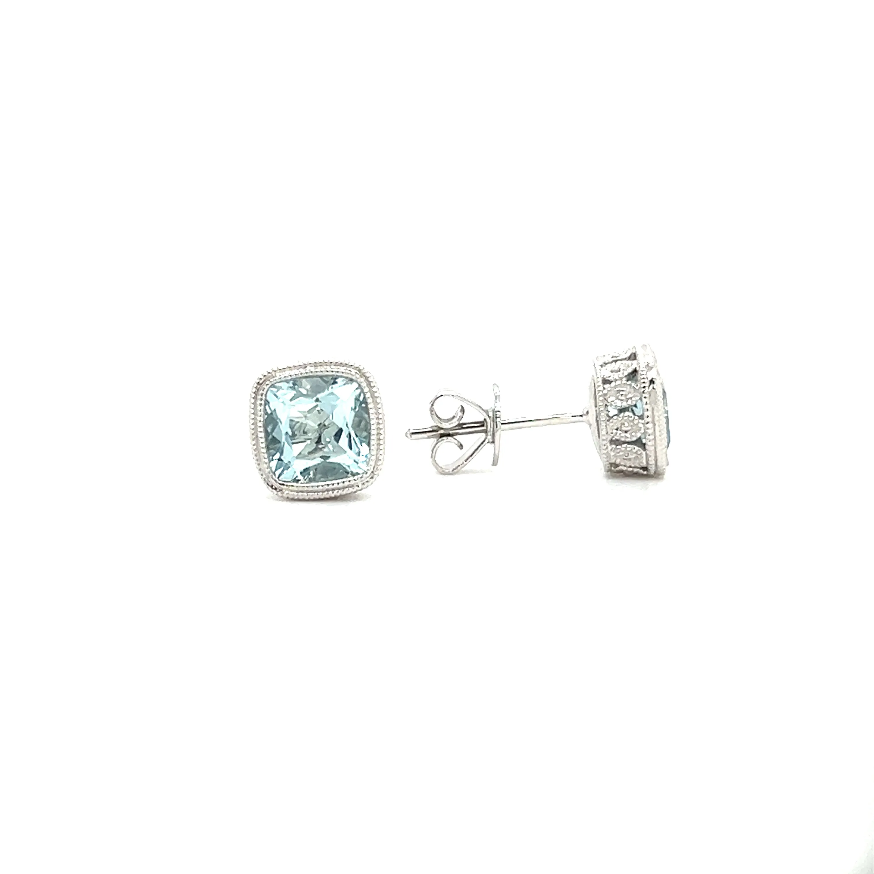 Aquamarine Stud Earrings with Milgrain and Filigree Details in 14K White Gold