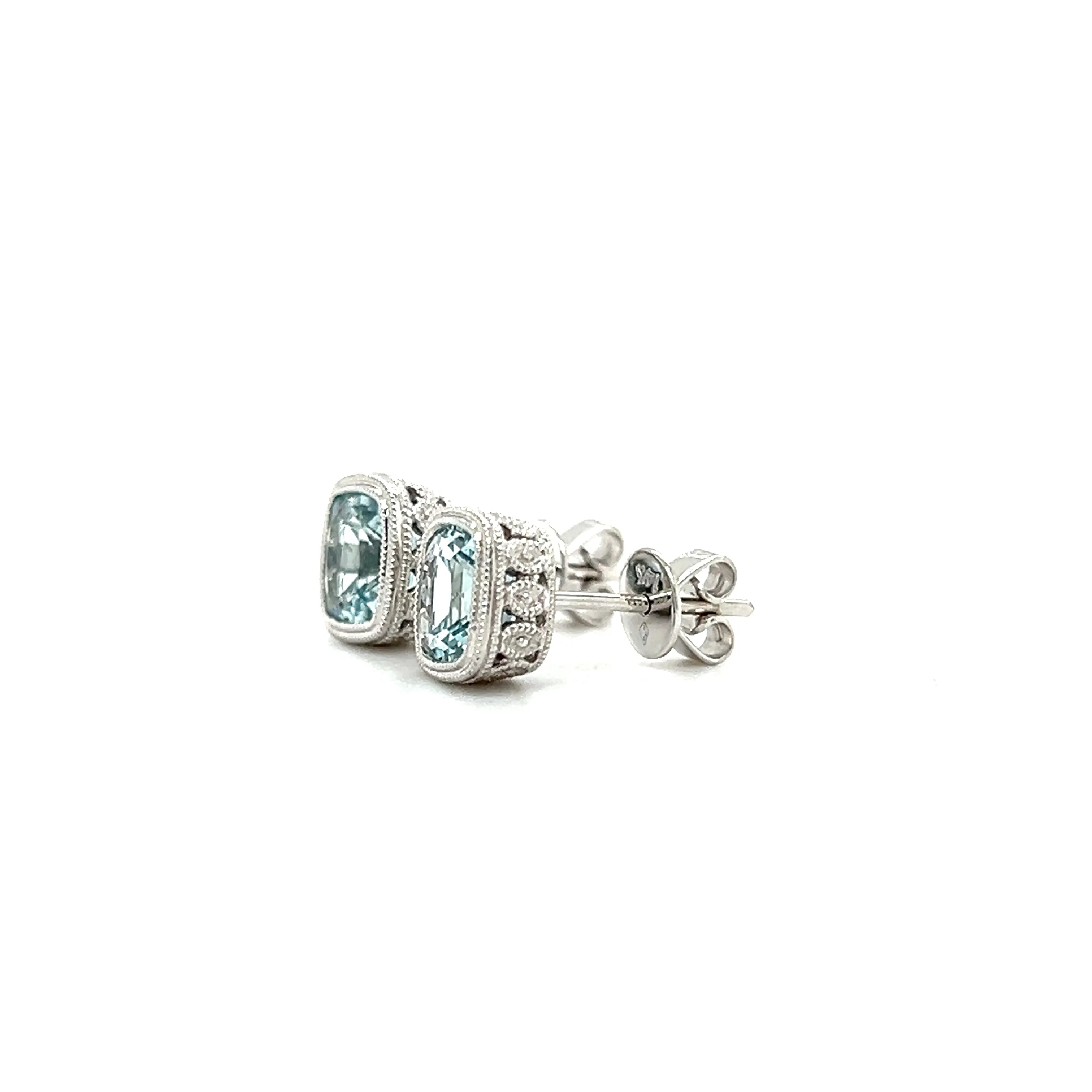 Aquamarine Stud Earrings with Milgrain and Filigree Details in 14K White Gold