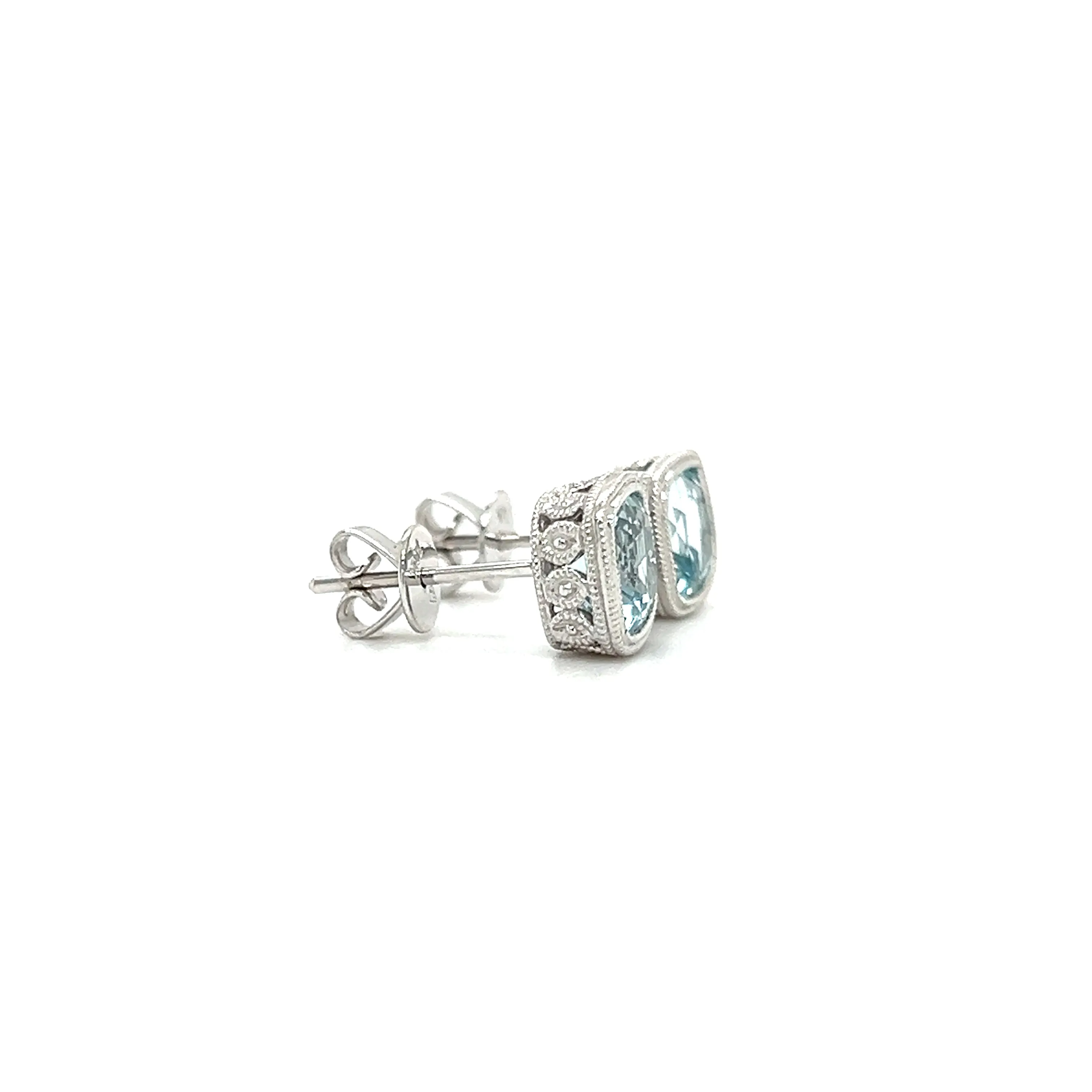 Aquamarine Stud Earrings with Milgrain and Filigree Details in 14K White Gold