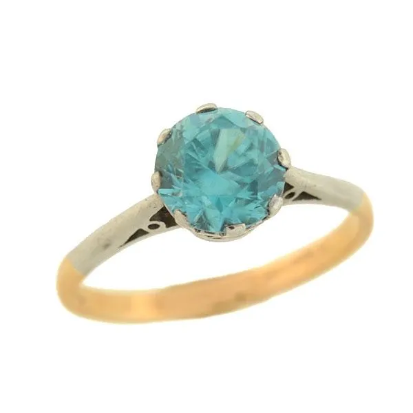 Art Deco English 9kt Mixed Metals Natural Blue Zircon Ring