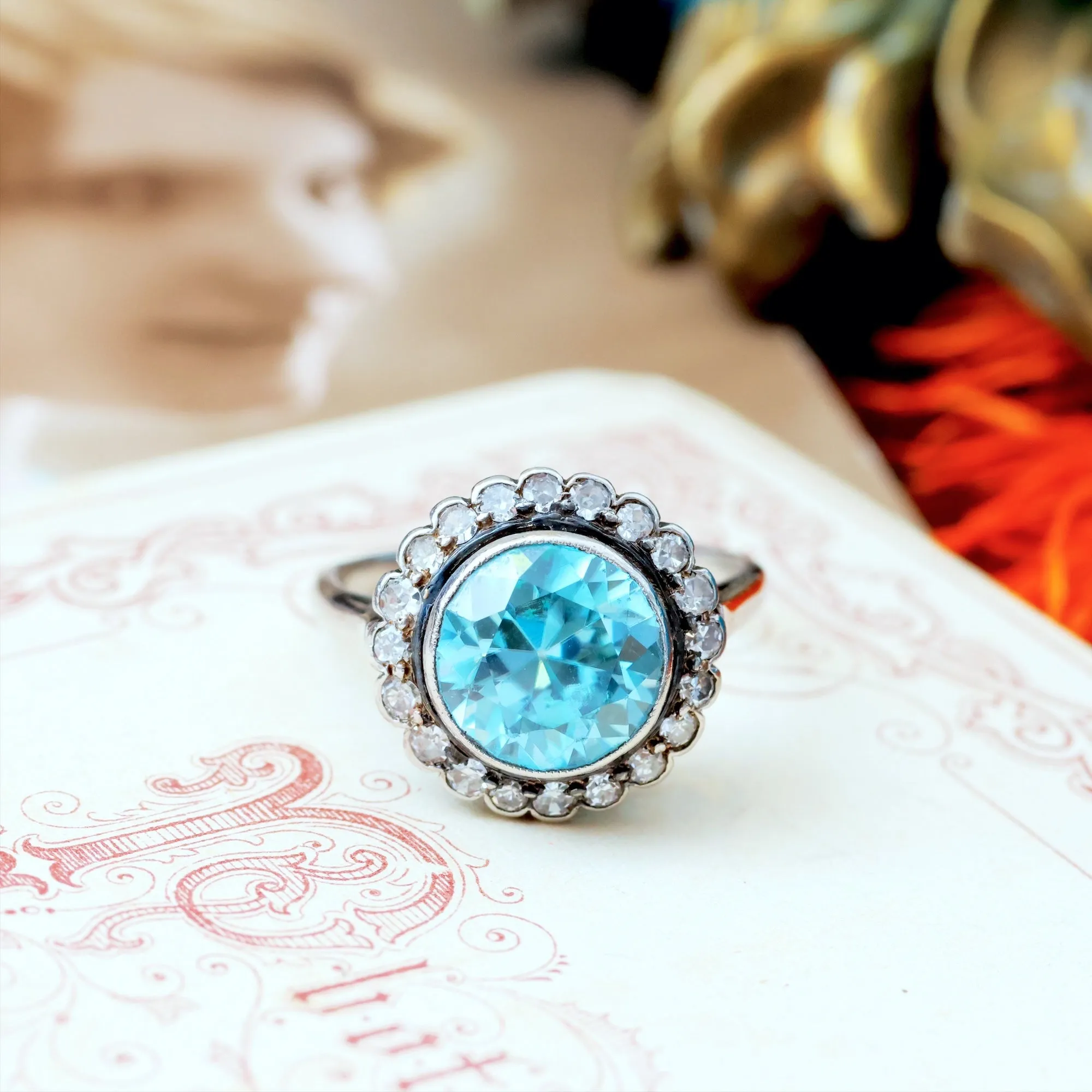 AWESOME!! Vintage Starlight Blue Zircon Halo Cluster Ring